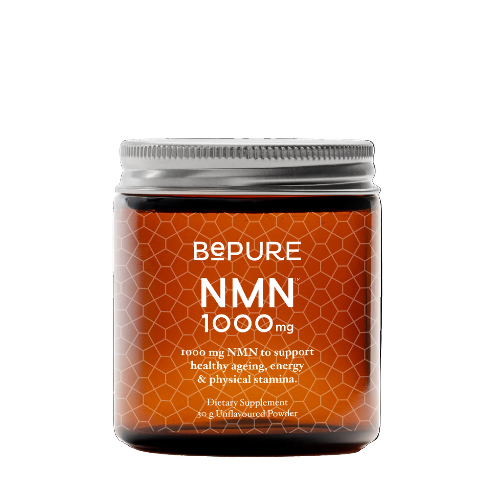 Supplement container labeled 'Bepure NMN 1000 mg' on a white background
