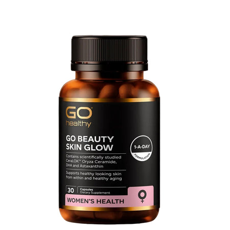 Vitamin supplement bottle labeled 'GO Beauty Skin Glow' on a black background