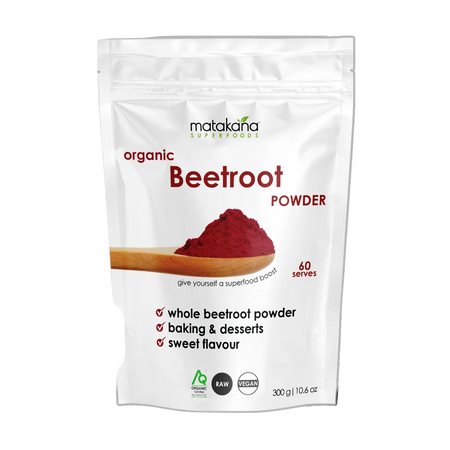 Package of Matakana Superfoods organic beetroot powder on a white background