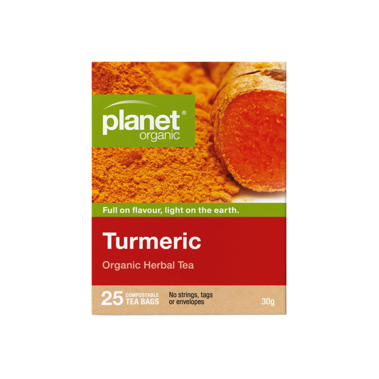Planet Organic Turmeric Herbal Tea package on a white background