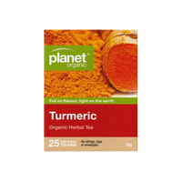 Planet Organic Turmeric Herbal Tea package on a white background