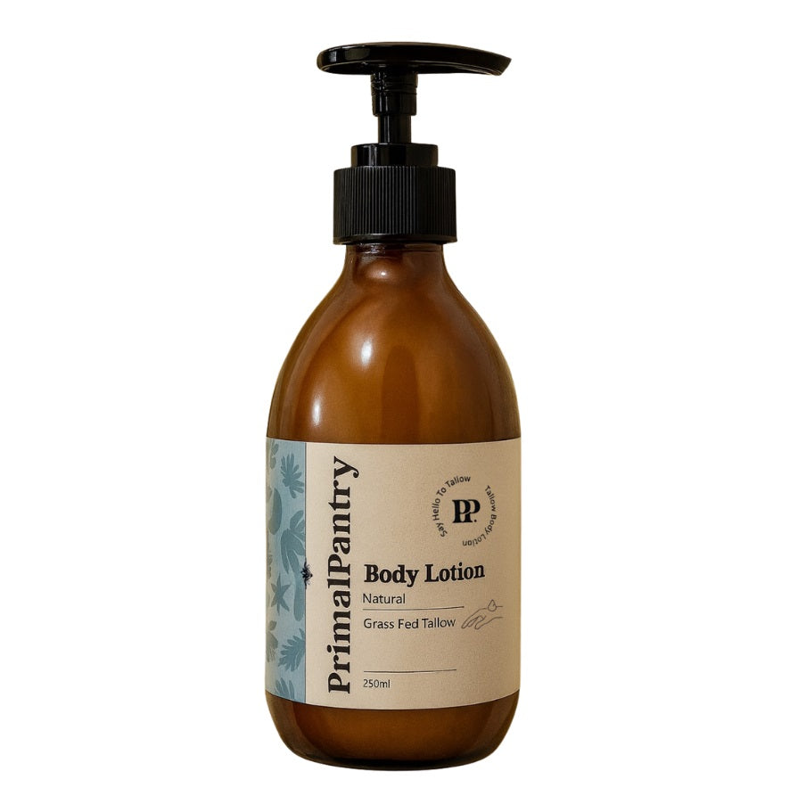 Brown bottle of Primal Pantry body lotion on a white background