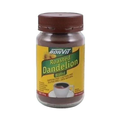 A bottle of BonVit Roasted Dandelion Blend coffee powder with a brown cap and yellow label, shown against a plain white background.