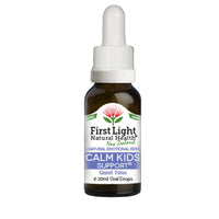 Bottle of First Light Natural Health Calm Kids Support on a black background