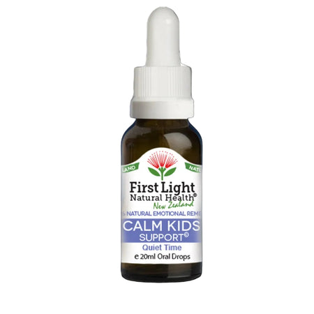 Bottle of First Light Natural Health Calm Kids Support on a black background