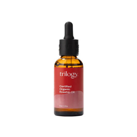 Bottle of Trilogy Certified Organic Rosehip Oil on a white background