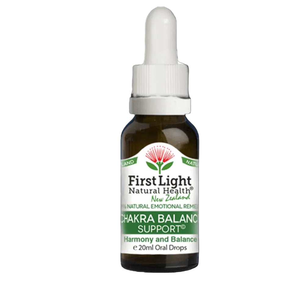 Bottle of First Light Chakra Balance Support on a white background