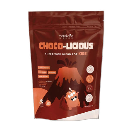 Matako Choco-Licious superfood blend for kids packaging on a black background