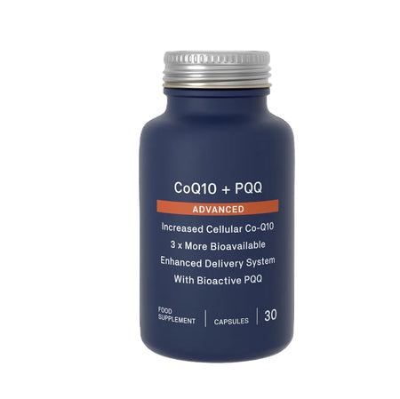 Blue supplement bottle labeled 'CoQ10 + PQQ' on a black background