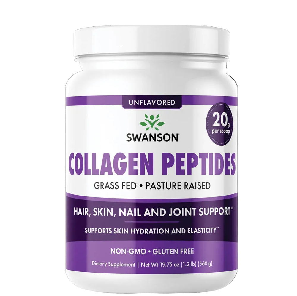A white plastic bottle of Swanson Collagen Peptides on a solid black background. The label features purple and white sections with green and black text, indicating it is unflavored and contains 20g per scoop.