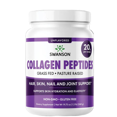 A white plastic bottle of Swanson Collagen Peptides on a solid black background. The label features purple and white sections with green and black text, indicating it is unflavored and contains 20g per scoop.