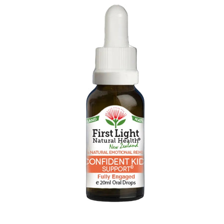 Bottle of First Light Natural Health Confident Kid Support on a black background
