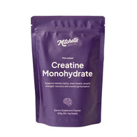 Purple package of Mitchell's Creatine Monohydrate dietary supplement on a white background