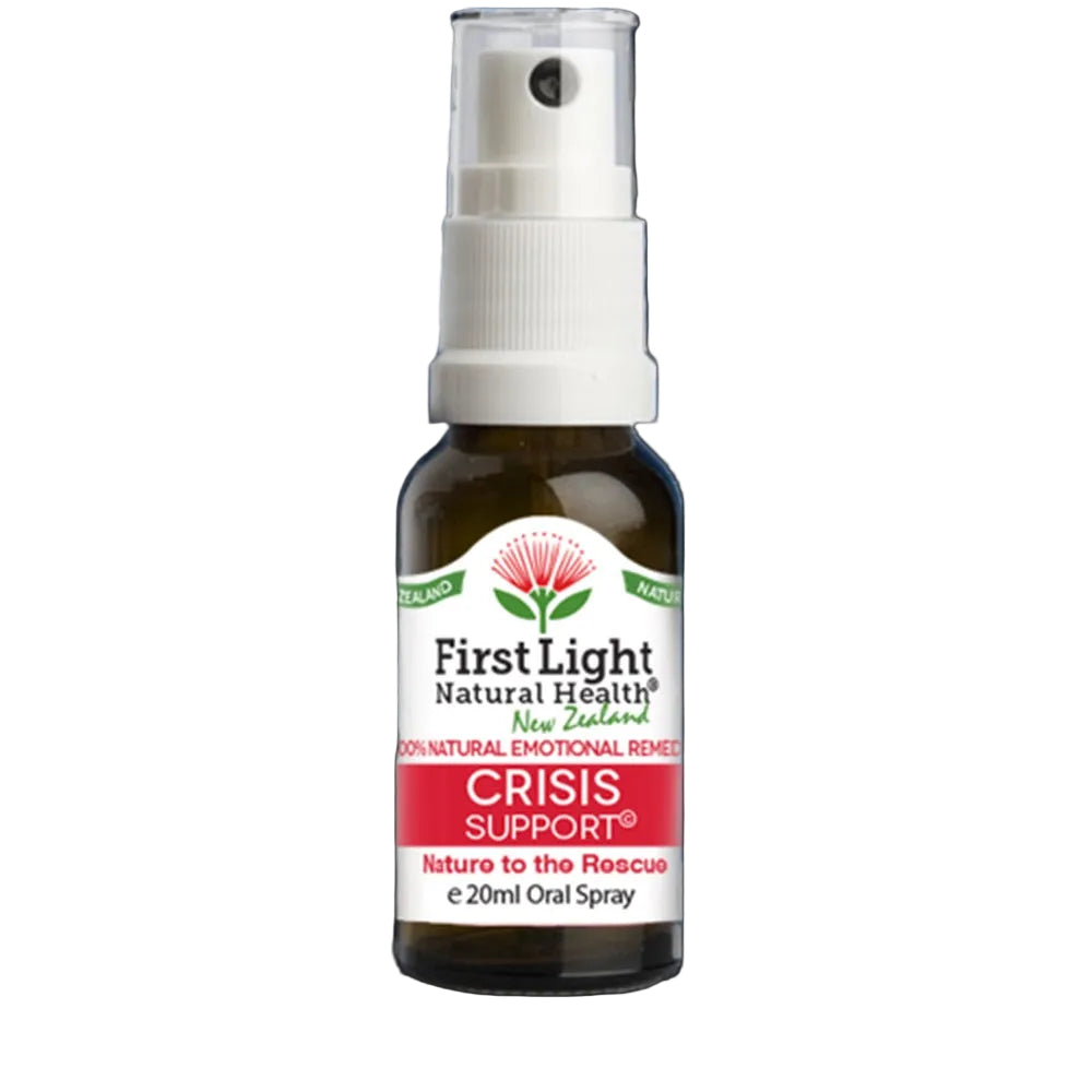 First Light Natural Health Crisis Support spray bottle on a black background