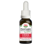 Bottle of First Light Natural Health Crisis Support with dropper on a white background