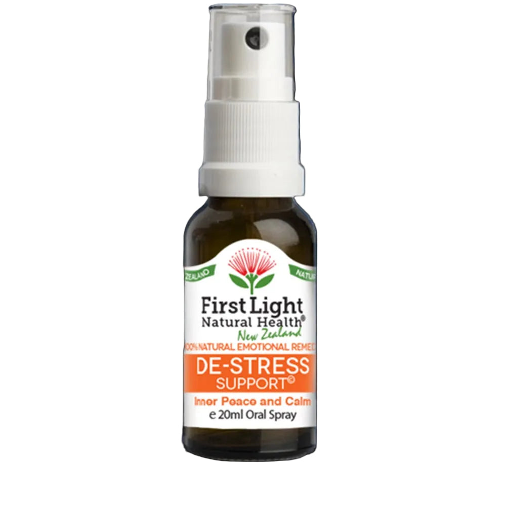 First Light Natural Health De-Stress Support spray bottle on a black background