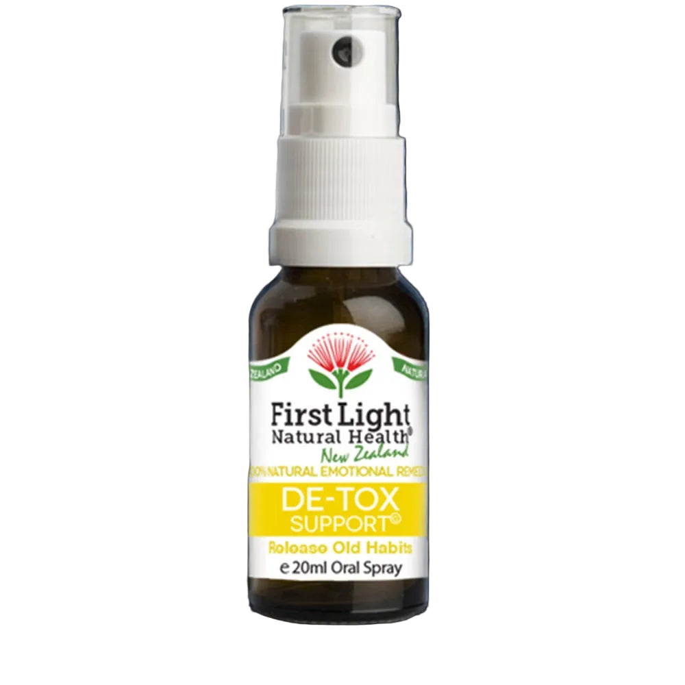 Bottle of First Light Natural Health De-Tox Support spray on a black background