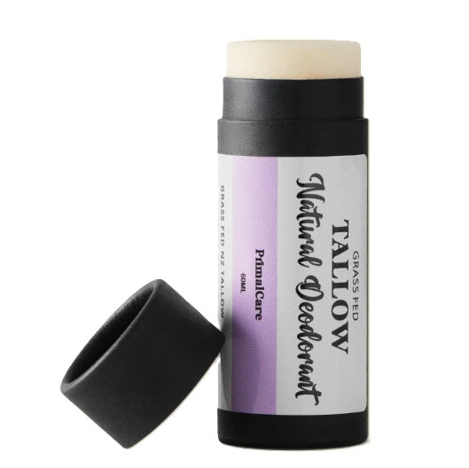 Tallow natural deodorant stick with black cap on a white background