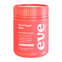 Pink supplement container labeled 'Blood Sugar Babe' by Eve on a white background