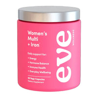 Pink supplement container labeled 'Eve' with white text on a black background