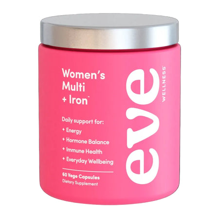 Pink supplement container labeled 'Eve' with white text on a black background