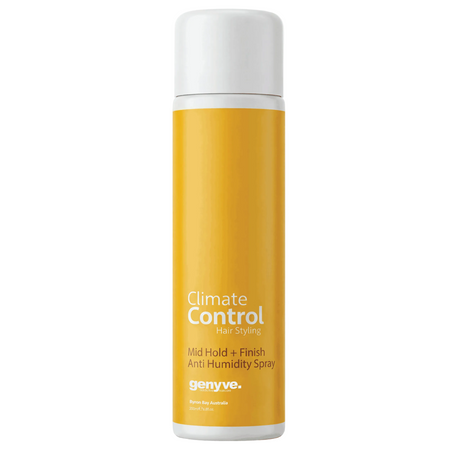 Yellow hair spray bottle with white cap on a light gray background