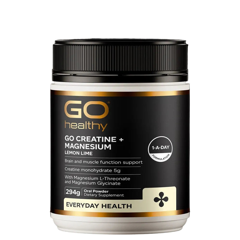 GO Healthy creatine + magnesium supplement container on a black background