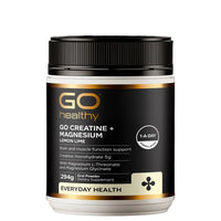 GO Healthy creatine + magnesium supplement container on a black background