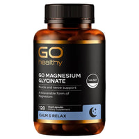 Bottle of GO Magnesium Glycinate supplement with black label on a black background