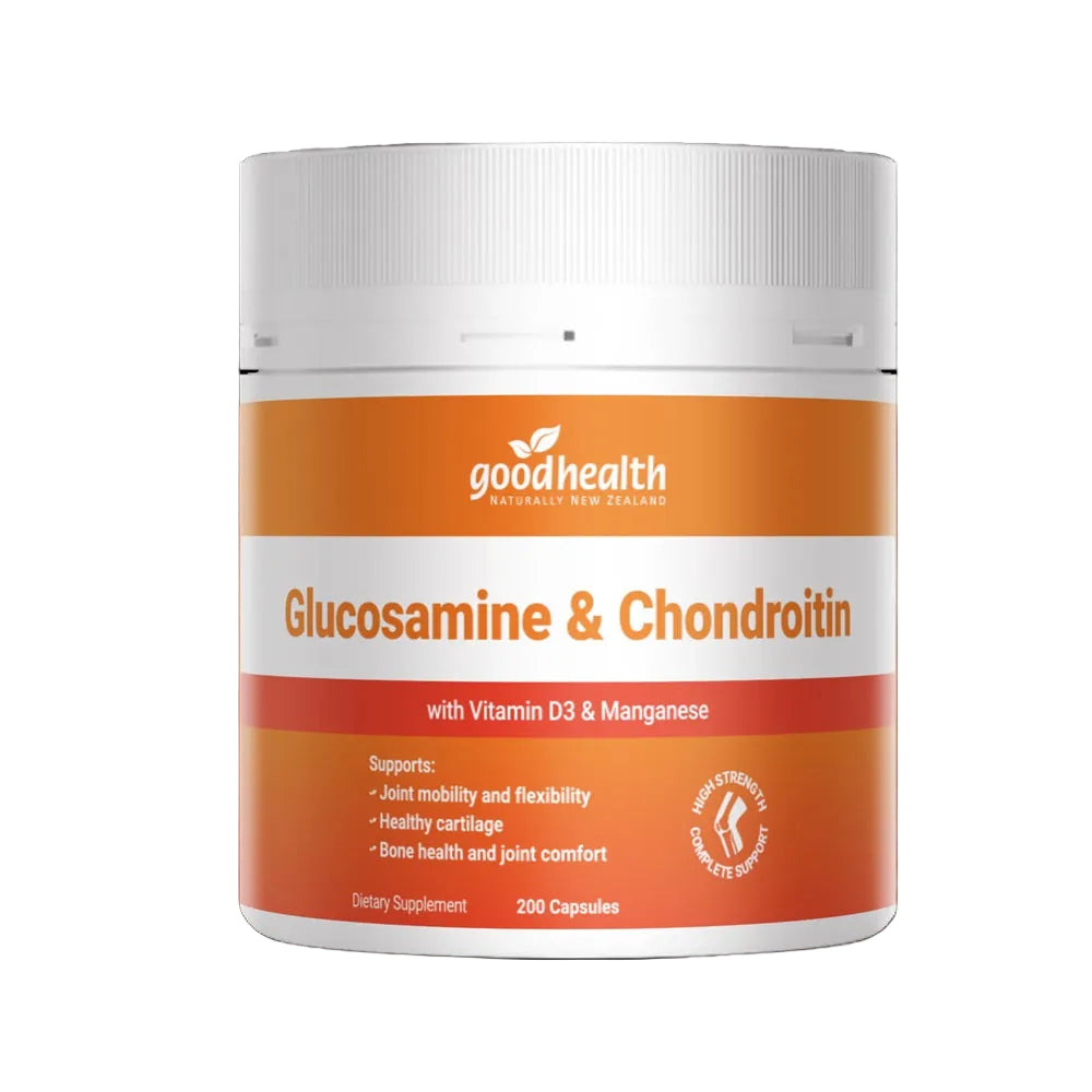 Supplement container labeled 'Good Health Glucosamine & Chondroitin' on a black background