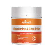 Supplement container labeled 'Good Health Glucosamine & Chondroitin' on a black background