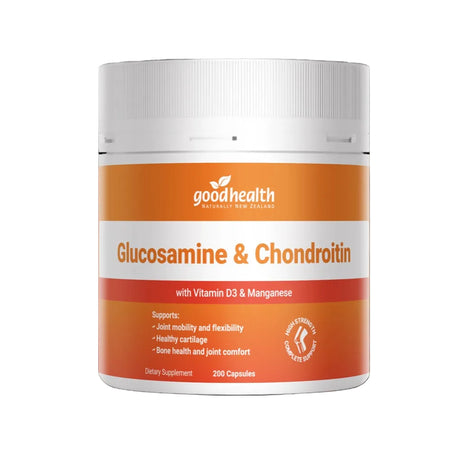 Supplement container labeled 'Good Health Glucosamine & Chondroitin' on a black background