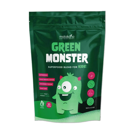 Green Monster superfood blend for kids packaging on a black background