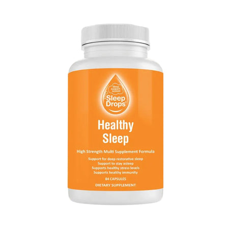 Sleep supplement bottle labeled 'Healthy Sleep' by Sleep Drops on an orange background