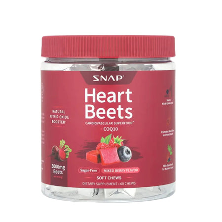 Jar of Snap Heart Beets dietary supplement with red lid and clear container on white background