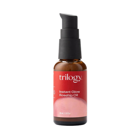 Trilogy Instant Glow Rosehip Oil bottle on a white background