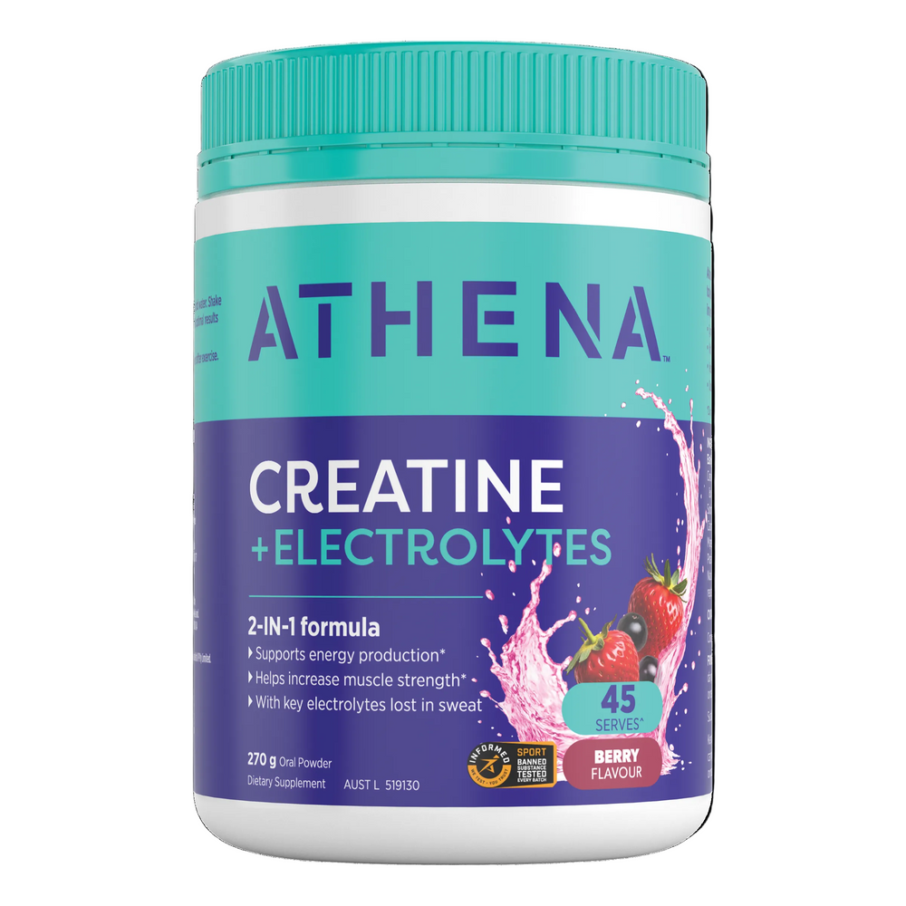 Athena Creatine + Electrolytes supplement container with a blue lid and label.