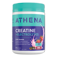 Athena Creatine + Electrolytes supplement container with a blue lid and label.