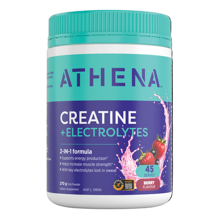 Athena Creatine + Electrolytes supplement container with a blue lid and label.