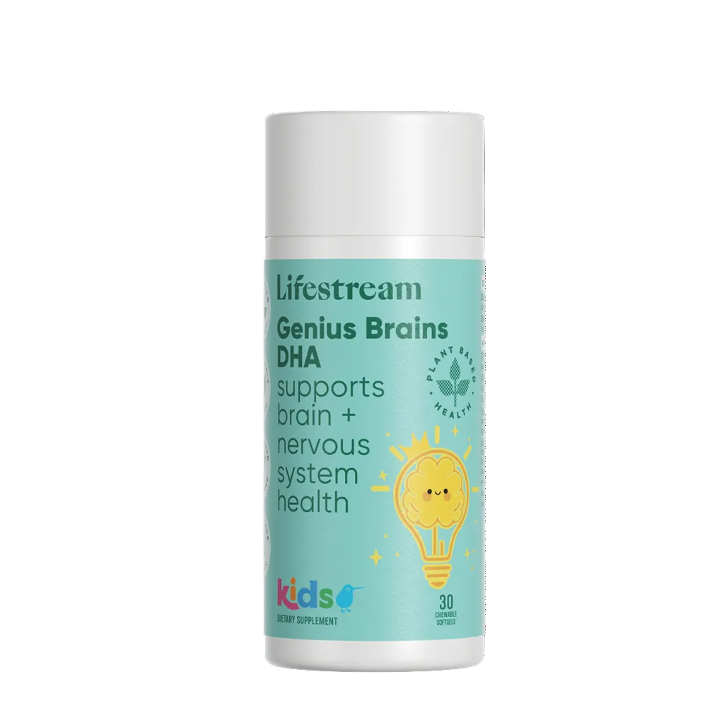 Lifestream Genius Brains DHA supplement container on a white background