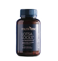 Supplement bottle labeled 'Lotsa Locks' by menade on a blue background