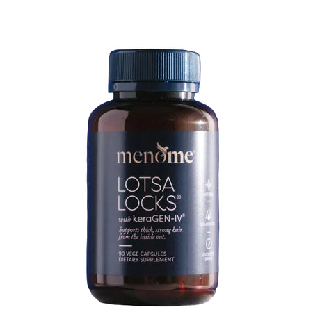 Supplement bottle labeled 'Lotsa Locks' by menade on a blue background