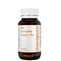 A bottle of therapure 'my immune cold + flu' capsules, featuring an amber brown bottle, white cap, and white label with orange text, on a solid white background.