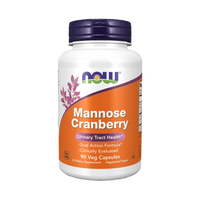 A white bottle of NOW Foods Mannose Cranberry dietary supplement with a dark purple cap and an orange label, shown on a plain white background.