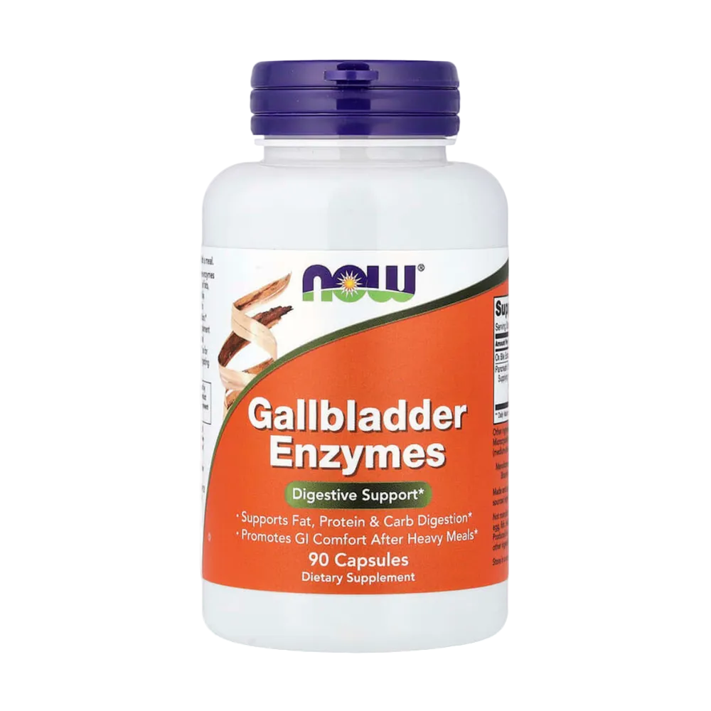 A white bottle of NOW Gallbladder Enzymes dietary supplement with a purple cap and an orange label, containing 90 capsules.