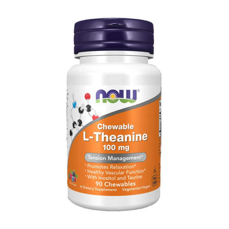 A white bottle of NOW Chewable L-Theanine 100 mg dietary supplement with a dark purple cap and an orange and gray label, shown on a plain white background.