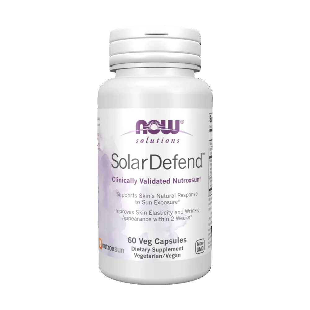 A white bottle of NOW Solutions SolarDefend dietary supplement with a white cap, featuring a white label with purple and orange text.