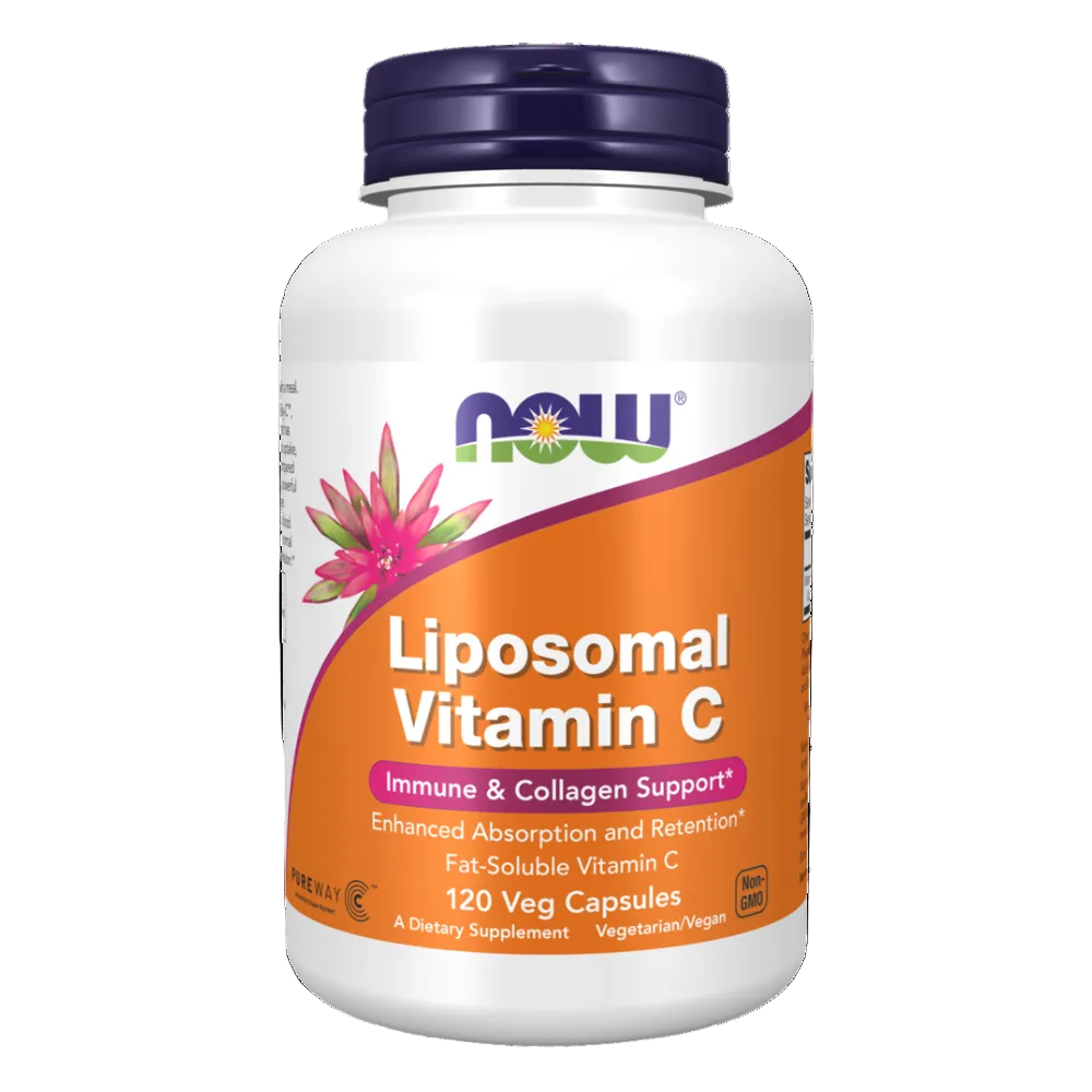 A white bottle of NOW Liposomal Vitamin C dietary supplement with a dark purple cap and an orange label, shown on a plain white background.
