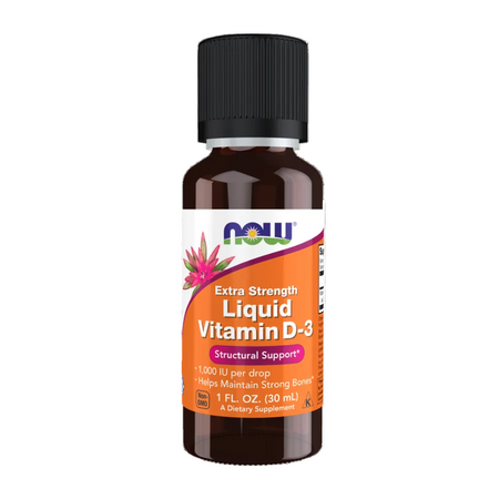 A bottle of NOW Extra Strength Liquid Vitamin D-3 dietary supplement. The product features an amber glass bottle with a black ribbed cap and a white and orange label with the NOW brand logo.