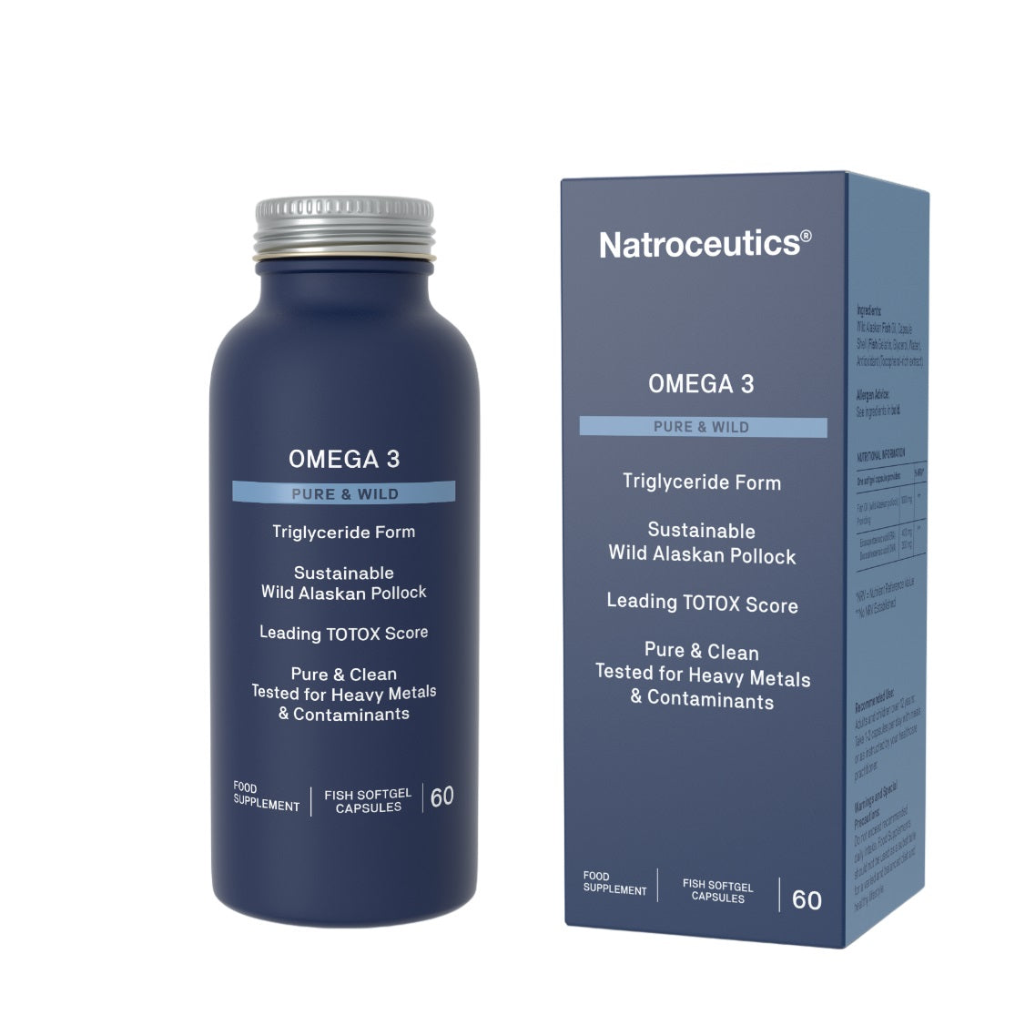 Omega 3 supplement bottle and packaging with Natroceuticals branding on a white background